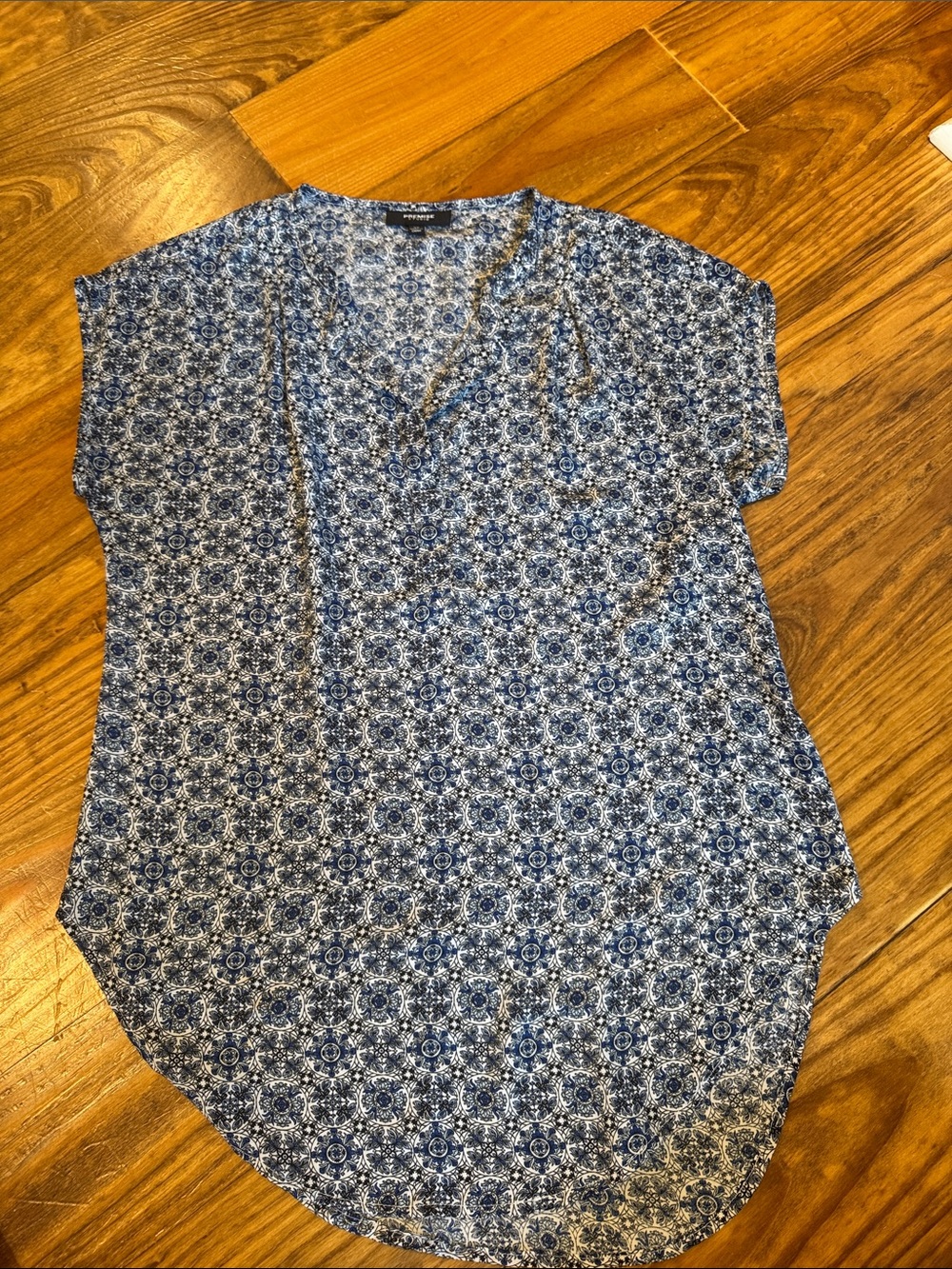 Blue Patterned V-Neck Women’s Top